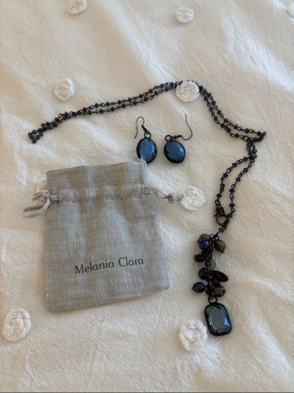 Melanie Clara Delicate Black and Blue Beaded Pendant Necklace and Earring Set